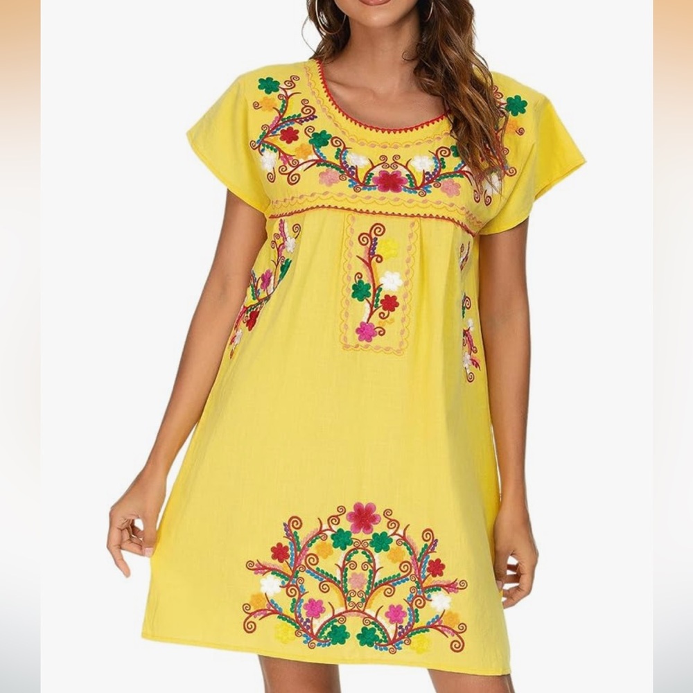 🌼Embroidered Mexican-Style Tunic Dress – Bright Yellow – Size XL